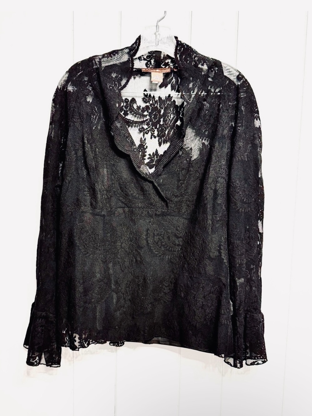 #19)  Bandolino Black Lace V-Neck Long Sleeve Blouse With under Tank-Top